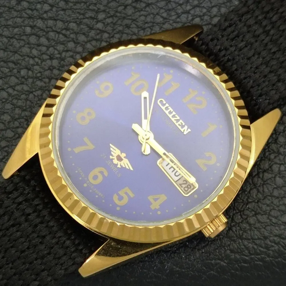 Vintage 1987 Citizen Automatic Mens Gold Watch W/daydate & Blue accents